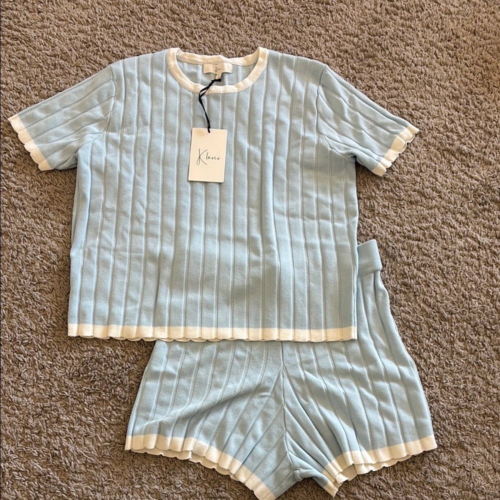 Blue and White Knit Two-Piece Set